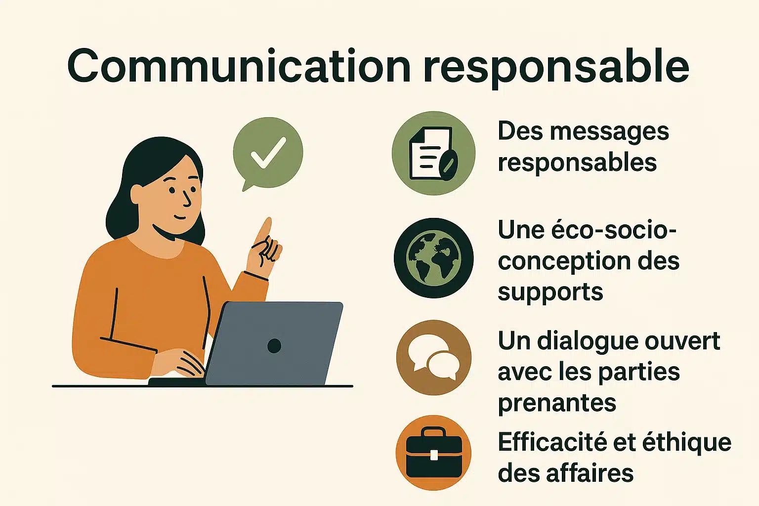 Image de présentation d'un article de blog sur la communication responsable. Sont inscrits les 4 piliers de l'ADEME : messages responsables, éco-socio-conception des supports, dialogue ouvert avec les parties prenantes et efficacité et ethique des affaires.