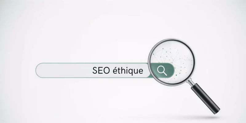 Barre illustrant le SEO éthique ou Green SEO, on y voir une barre de recherche Google avec la requête "SEO éthique" tapée dedans. 