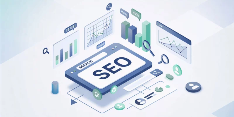 Illustrant le SEO, on y voit des barre de recherche, des graphiques de données, etc. 