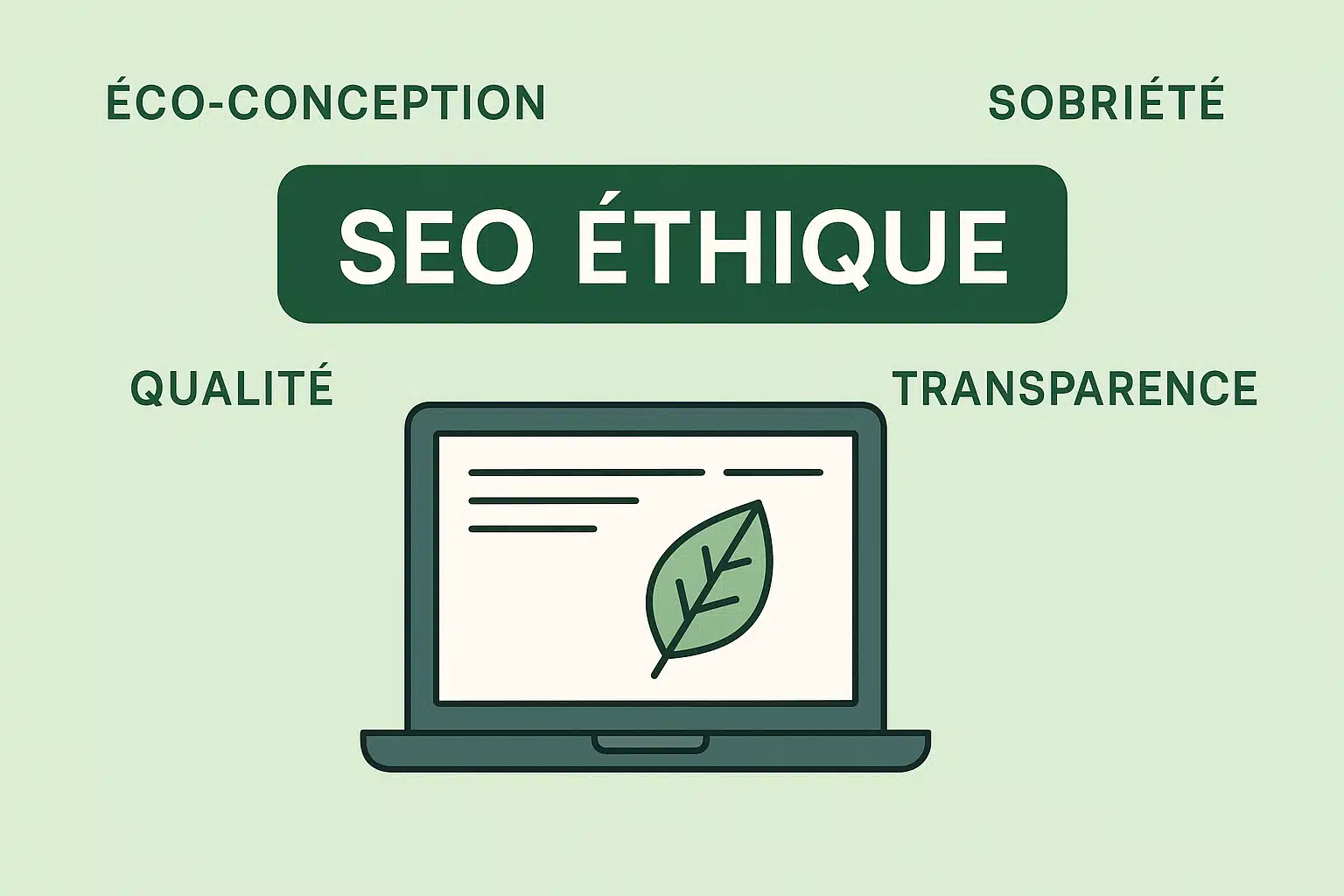 Image présentant n article sur le SEO éthique. On y voir les piliers du Green SEO apparaitre : éco-conception, sobriété, qualité et transparence.
