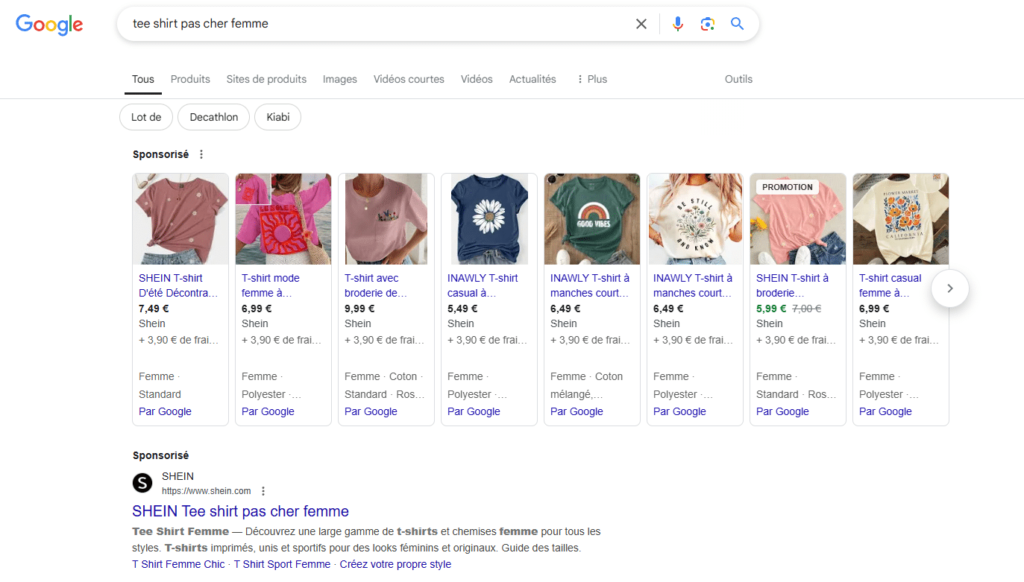 Capture d'écran des résultats de recherche Gogole où la requête "tee-shirt pas cher femme" est tapée.. On voit 8 articles sponsorisés de la marche Shein à la une et un lien vers le site de la marque en haut des résultats, le lien est également sponsoriés.