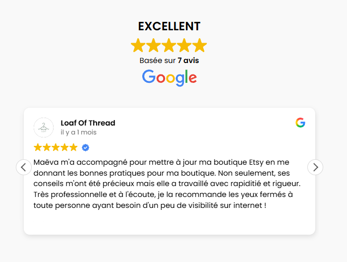 Avis client d'un coaching SEO Etsy réalisé par Maëva Campos