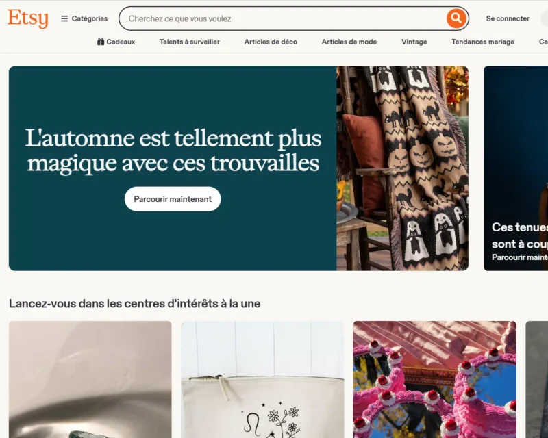 page d'accueil de la marketplace Etsy